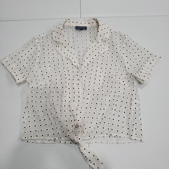 ModCloth Shirt Womens Medium White Black Polka Dot Button Sheer Tie Front Blouse - Picture 1 of 9